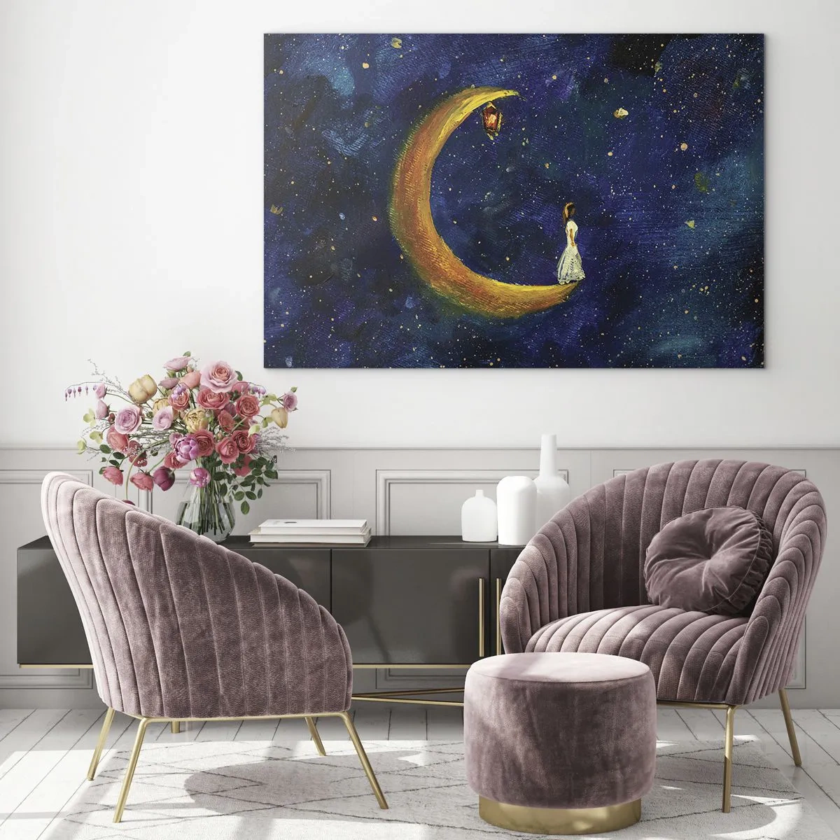 Tablou pe sticlă - O figură pe lună pe cerul nopții - 70x50cm - Chemarea lumii - Decorațiune modernă pentru perete pentru living și dormitor ARTTOR