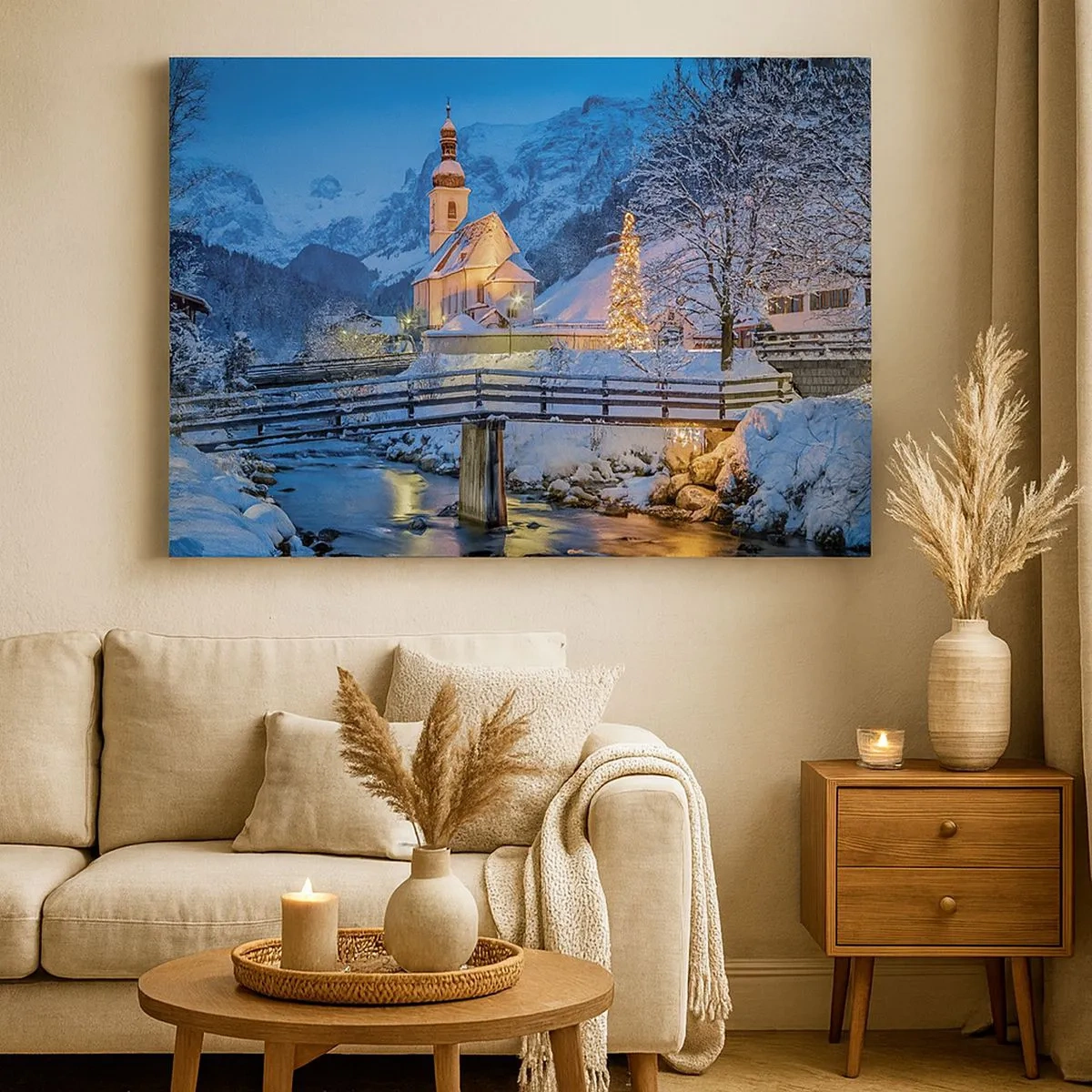 Tablou pe pânză Canvas - Peisaj de iarnă cu o biserică, un pod și munți la amurg - 70x50cm - Spiritul Crăciunului - Decorațiune modernă pentru perete pentru living și dormitor ARTTOR