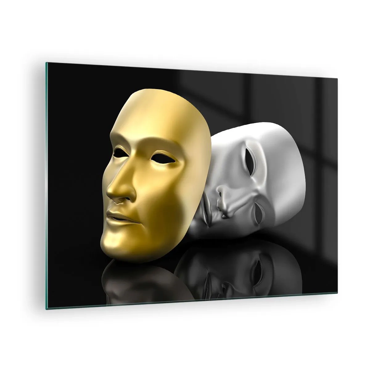 Tablou pe sticlă - Mască de aur și argint pe fundal negru - 70x50cm - Viața este teatru - Decorațiune modernă pentru perete pentru living și dormitor ARTTOR