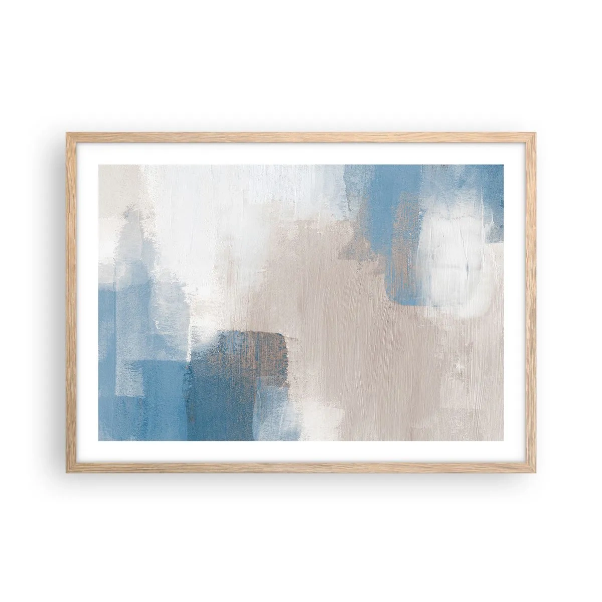 Poster în ramă de stejar deschis - Abstracție roz în spatele unui voal de albastru - 70x50 cm