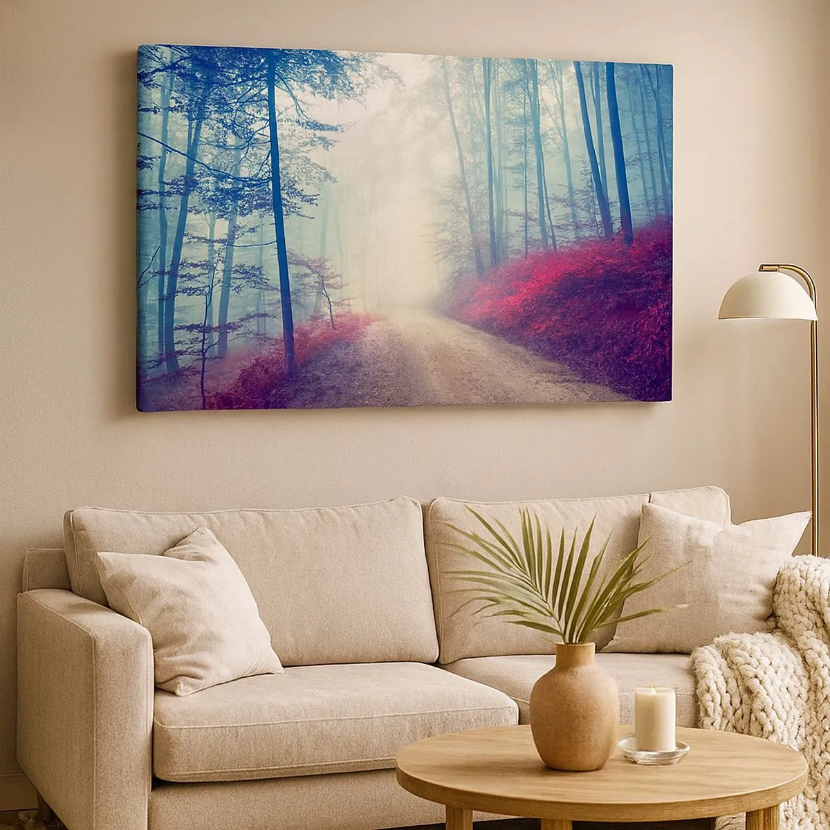 Tablou pe pânză Canvas - O potecă magică de pădure înconjurată de copaci și ceață - 70x50cm - Ce bine e să te trezești în zori de ziuă - Decorațiune modernă pentru perete pentru living și dormitor ARTTOR