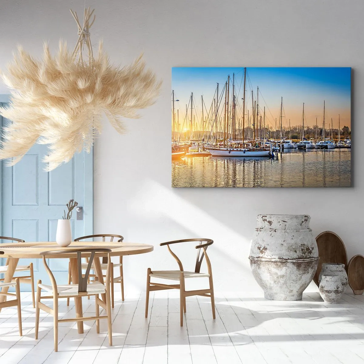 Tablou pe pânză Canvas - Apus de soare peste un port plin de bărci cu pânze - 70x50cm - Vântul trebuie să doarmă și el - Decorațiune modernă pentru perete pentru living și dormitor ARTTOR
