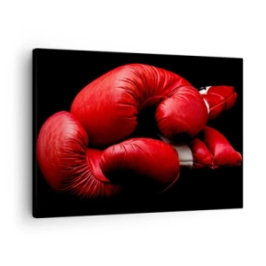 Tablou pe pânză Canvas - Mănuși de box roșii pe fundal negru - 70x50cm - Emoția bătăliei a trecut - Decorațiune modernă pentru perete pentru living și dormitor ARTTOR