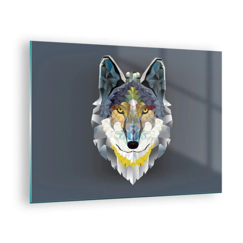Tablou pe sticlă - Lup geometric pe un fundal întunecat - 70x50cm - Ce știm despre lup - Decorațiune modernă pentru perete pentru living și dormitor ARTTOR