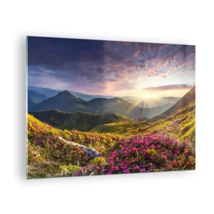 Tablou pe sticlă - Peisaj montan la răsărit cu flori înflorite - 70x50cm - Prospețimea unei dimineți de munte - Decorațiune modernă pentru perete pentru living și dormitor ARTTOR