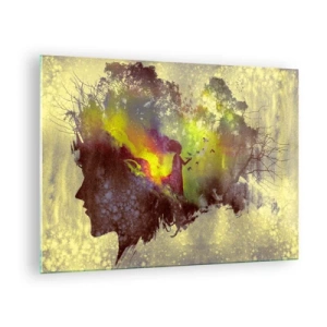 Tablou pe sticlă - Profilul feței unei femei plin de natură și efecte colorate. - 70x50cm - Mama Natură - Decorațiune modernă pentru perete pentru living și dormitor ARTTOR