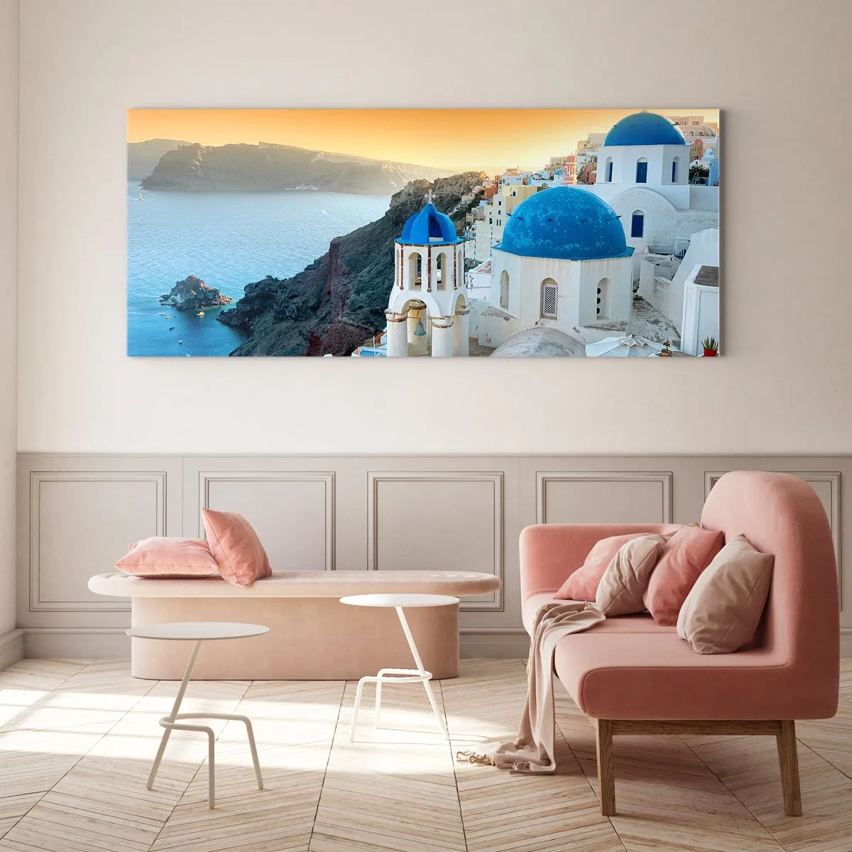 Tablou pe sticlă - Santorini - îmbrățișat de stânci - 160x50 cm