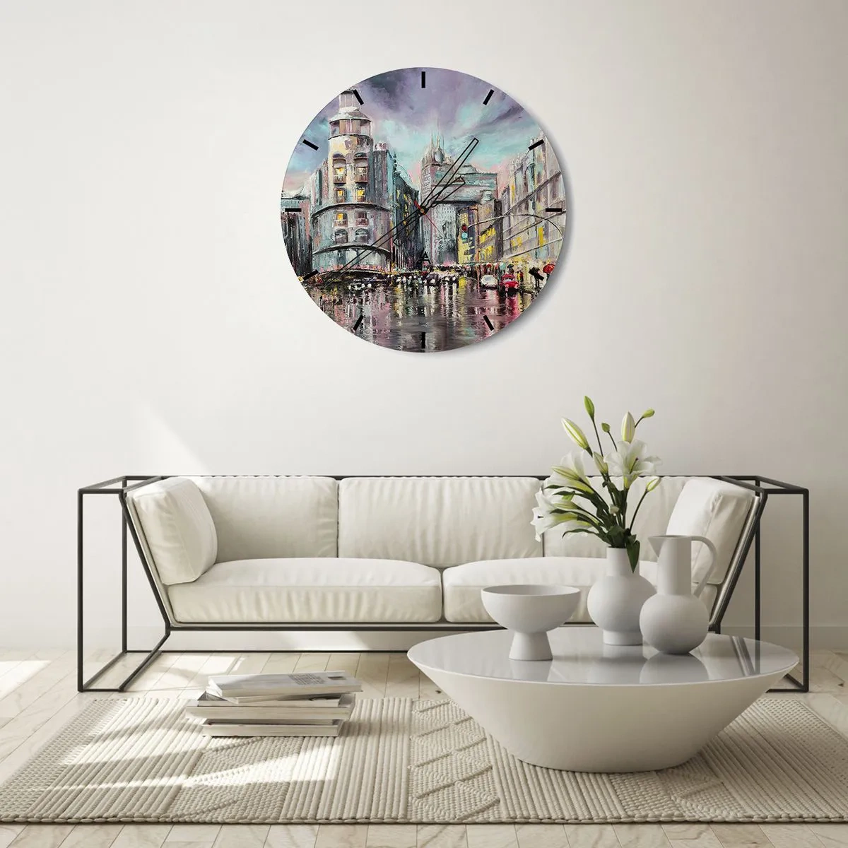Ceas de perete - Ceas pe sticlă - Stradă orașului noaptea în ploaie cu reflexii de lumini - 30x30cm - Va fi o seară de succes - Decorațiune modernă pentru perete pentru living, bucătărie și dormitor ARTTOR