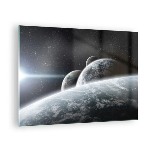 Tablou pe sticlă - Planete în spațiul cosmic cu o rază de lumină - 70x50cm - Muzica cosmică a sferelor - Decorațiune modernă pentru perete pentru living și dormitor ARTTOR