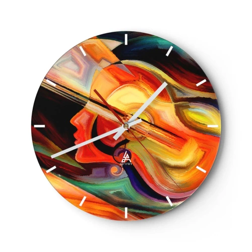 Ceas de perete - Ceas pe sticlă - O pictură abstractă reprezentând o chitară și o față în culori calde. - 30x30cm - Și totul merge bine - Decorațiune modernă pentru perete pentru living, bucătărie și dormitor ARTTOR