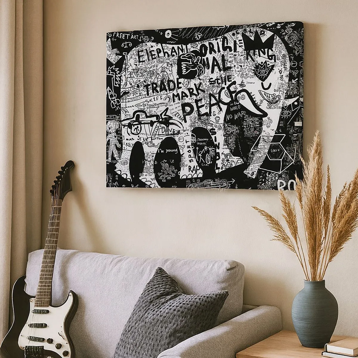 Tablou pe pânză Canvas - Grafică alb-negru cu motive graffiti - 70x50cm - Lumea bogată a străzii - Decorațiune modernă pentru perete pentru living și dormitor ARTTOR