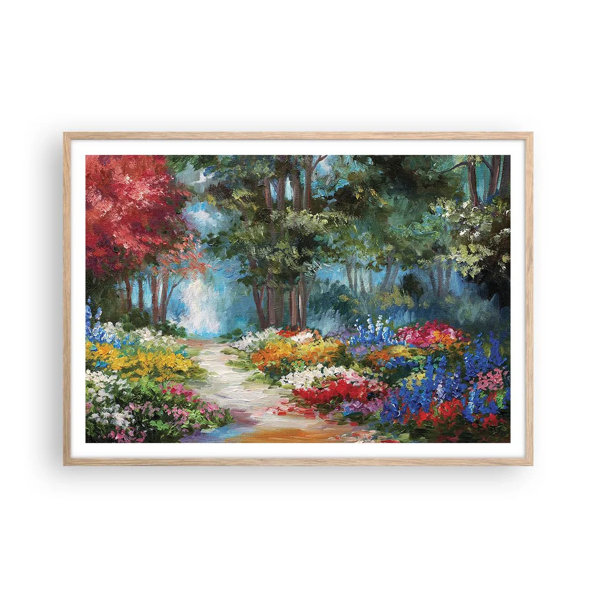 Poster în ramă de stejar deschis - Grădină de pădure, pădure de flori - 100x70 cm