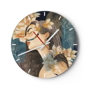 Ceas de perete - Ceas pe sticlă - Portretul unei femei cu ochii închiși, înconjurată de crini - 30x30cm - Povestea prințesei cu crini - Decorațiune modernă pentru perete pentru living, bucătărie și dormitor ARTTOR