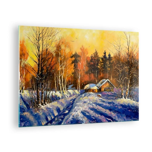 Tablou pe sticlă - Peisaj de iarnă cu o căsuță din lemn la apus - 70x50cm - Impresie de iarnă în soare - Decorațiune modernă pentru perete pentru living și dormitor ARTTOR