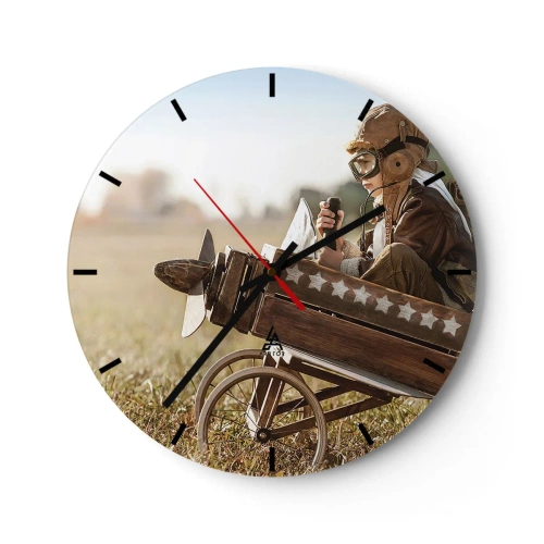 Ceas de perete - Ceas pe sticlă - Un băiat în costum de pilot într-un avion de lemn - 30x30cm - Porniți spre vis - Decorațiune modernă pentru perete pentru living, bucătărie și dormitor ARTTOR