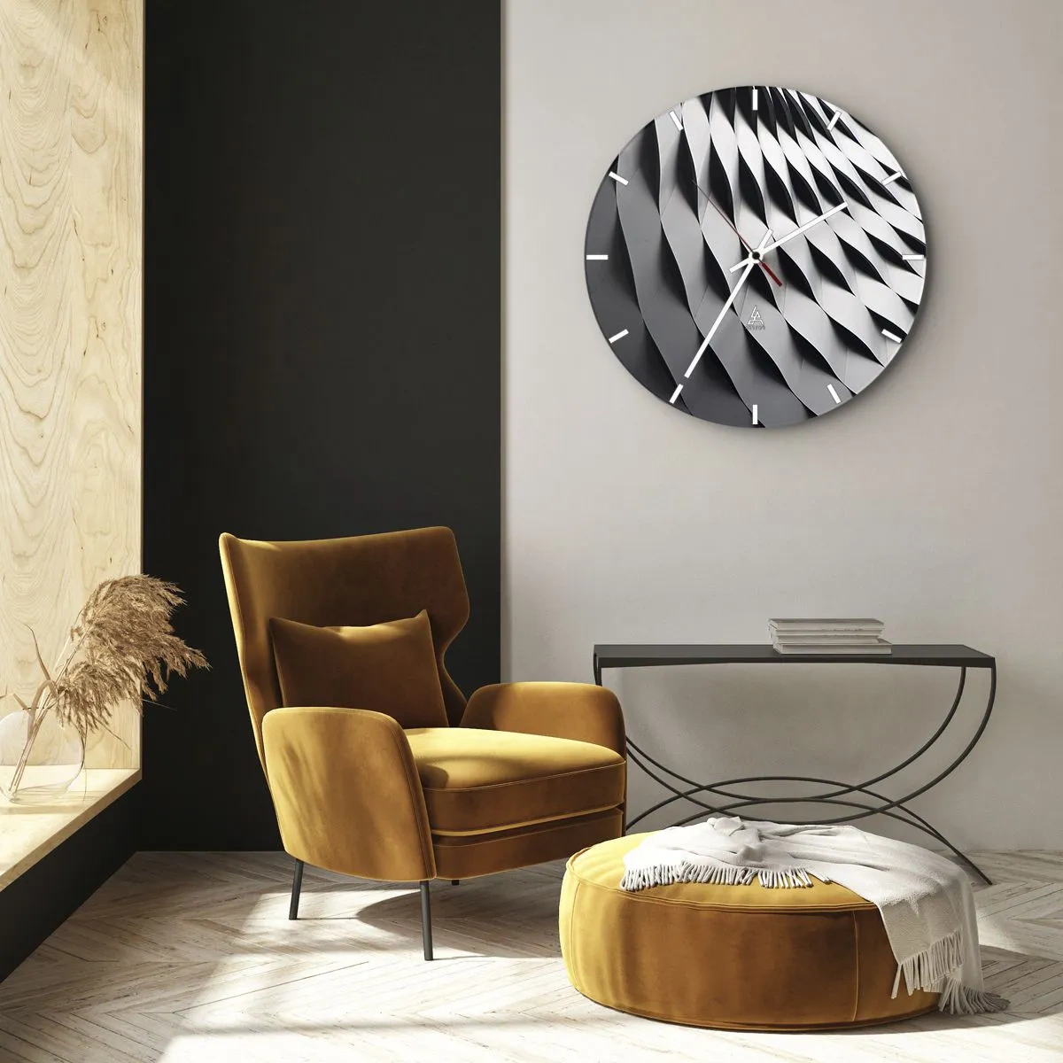 Ceas de perete - Ceas pe sticlă - Model de structură arhitecturală ondulată alb-negru - 30x30cm - Pe suprafața valurilor - Decorațiune modernă pentru perete pentru living, bucătărie și dormitor ARTTOR