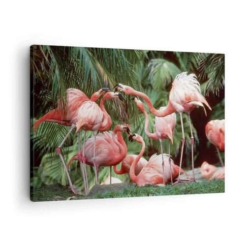 Tablou pe pânză Canvas - Un grup de flamingo într-un cadru tropical înconjurat de palmieri - 70x50cm - Bârfa de după-amiază - Decorațiune modernă pentru perete pentru living și dormitor ARTTOR