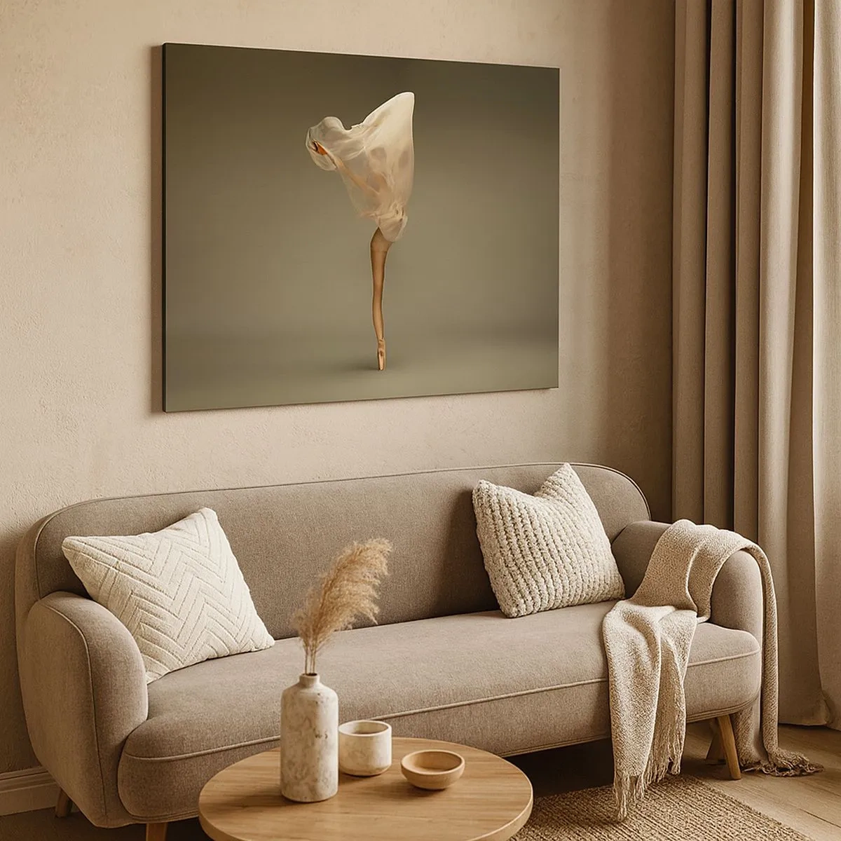 Tablou pe pânză Canvas - O dansatoare plutind în aer cu material textil - 70x50cm - Pe cale să zboare - Decorațiune modernă pentru perete pentru living și dormitor ARTTOR