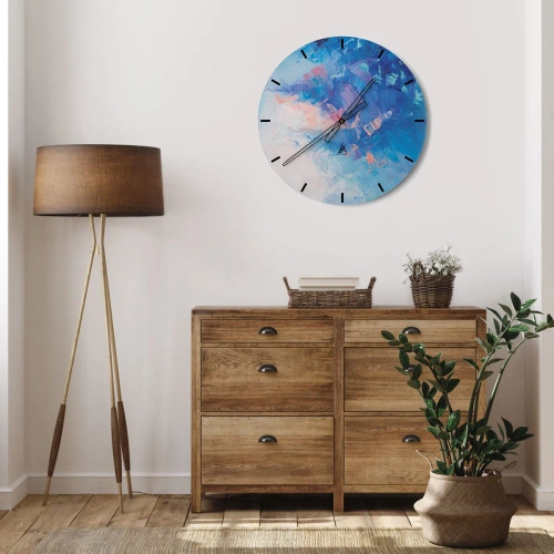 Ceas de perete - Ceas pe sticlă - Compoziție abstractă în nuanțe de albastru și roz - 30x30cm - Abstracție de iarnă - Decorațiune modernă pentru perete pentru living, bucătărie și dormitor ARTTOR