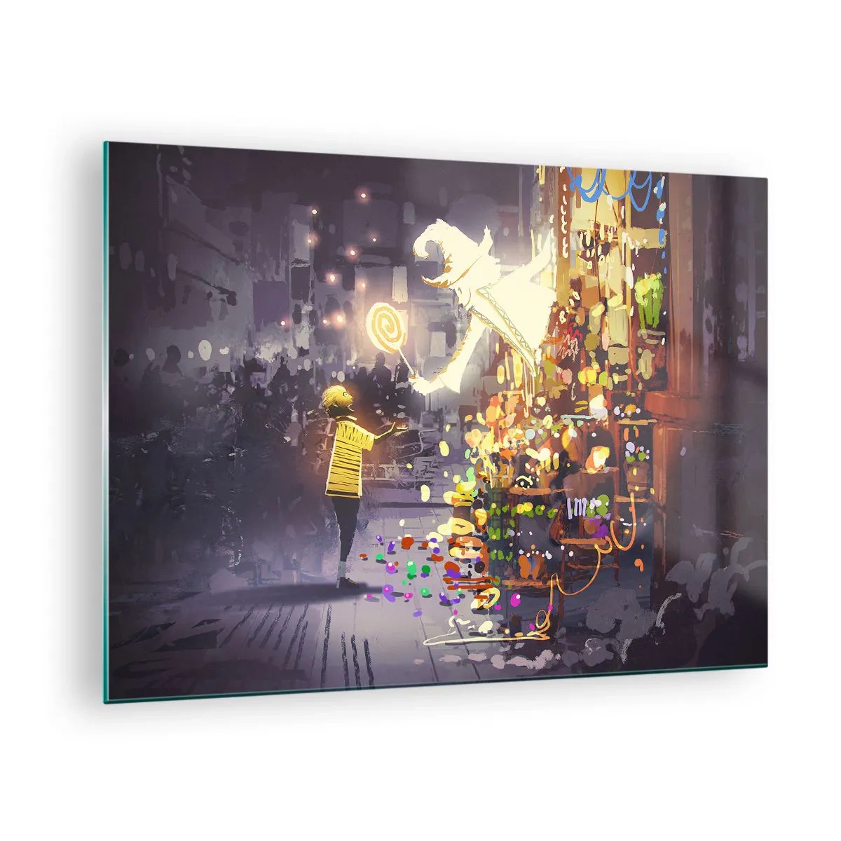Tablou pe sticlă - Un copil într-un tricou ușor la o tarabă luminoasă plină de dulciuri colorate - 70x50cm - Vrăjitoria există - Decorațiune modernă pentru perete pentru living și dormitor ARTTOR