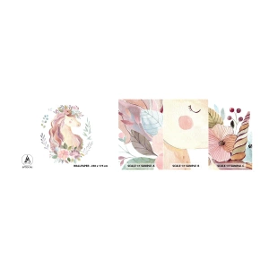 Mostră tapet autocolant Deluxe Sticker - O invitație în lumea basmelor - Inorog, Fetişcană, Pentru copii - 100x30 cm