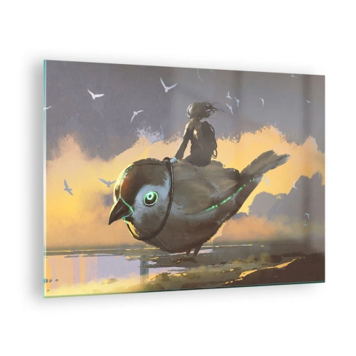Tablou pe sticlă - O figură pe o pasăre uriașă în lumina soarelui care apune - 70x50cm - O oprire într-o călătorie fantastică - Decorațiune modernă pentru perete pentru living și dormitor ARTTOR