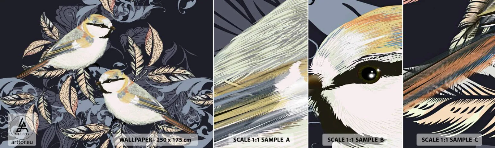 Mostră de Tapet Standard Eco - Ciripirile galben-albastru - Abstracția, Păsări, Frunze - 100x30 cm