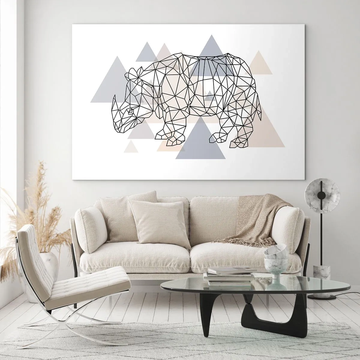 Tablou pe sticlă - Desen geometric al unui rinocer pe un fundal deschis - 70x50cm - Structura forței - Decorațiune modernă pentru perete pentru living și dormitor ARTTOR