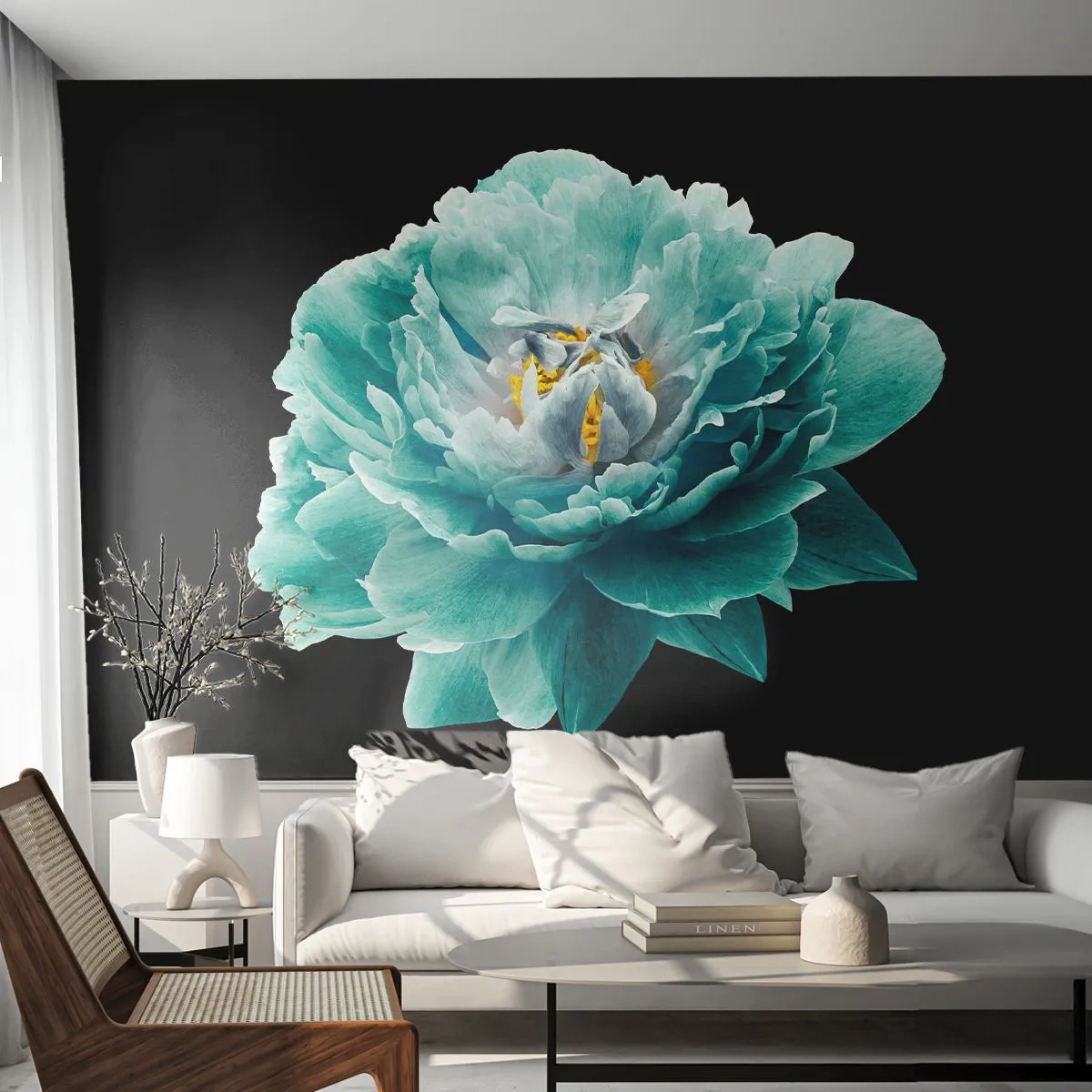 Tapet Standard Eco - Petale albastre și aurii - Floare, Înflorit, Bujor - 150x105 cm