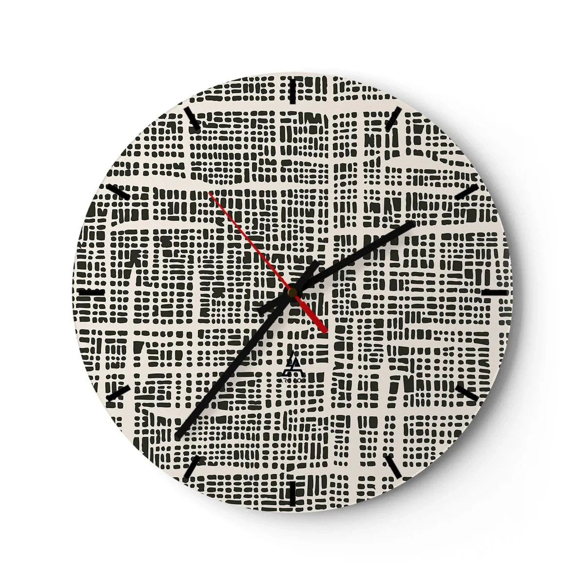 Ceas de perete - Ceas pe sticlă - Model geometric, negru și crem cu puncte neregulate - 30x30cm - O compoziție țesută - Decorațiune modernă pentru perete pentru living, bucătărie și dormitor ARTTOR