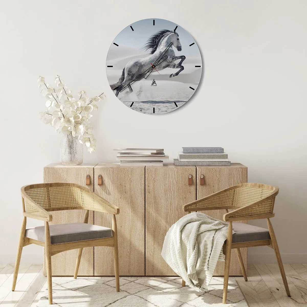 Ceas de perete - Ceas pe sticlă - Un cal arab săritor pe un fundal deșertic - 30x30cm - Prinț arab - Decorațiune modernă pentru perete pentru living, bucătărie și dormitor ARTTOR