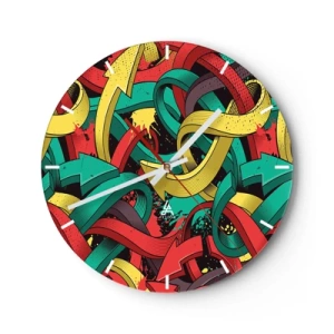 Ceas de perete - Ceas pe sticlă - Săgeți colorate într-un stil dinamic, de benzi desenate - 30x30cm - Pe unde să mergem? - Decorațiune modernă pentru perete pentru living, bucătărie și dormitor ARTTOR
