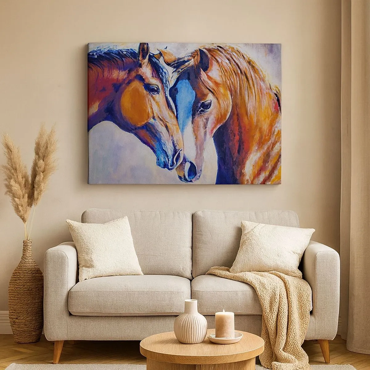 Tablou pe pânză Canvas - O reprezentare picturală a doi cai într-un cadru prietenos. - 70x50cm - Două suflete apropiate - Decorațiune modernă pentru perete pentru living și dormitor ARTTOR
