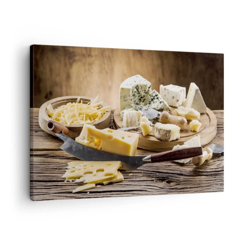 Tablou pe pânză Canvas - Un platou de brânzeturi cu diferite tipuri pe o masă de lemn - 70x50cm - Zâmbește - Decorațiune modernă pentru perete pentru living și dormitor ARTTOR