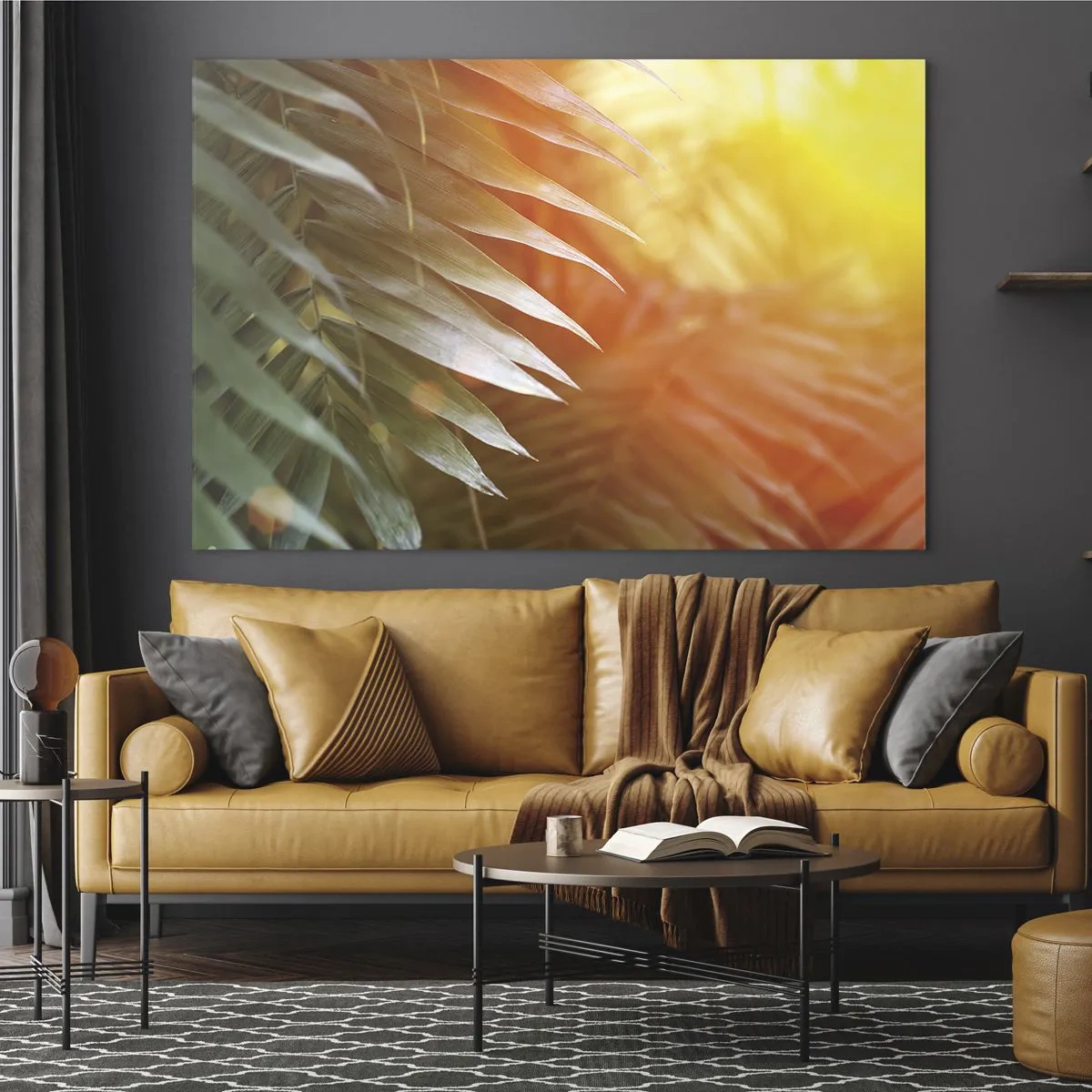 Tablou pe sticlă - Frunze de palmier în strălucirea soarelui de dimineață într-un cadru tropical - 70x50cm - Dimineață în junglă - Decorațiune modernă pentru perete pentru living și dormitor ARTTOR