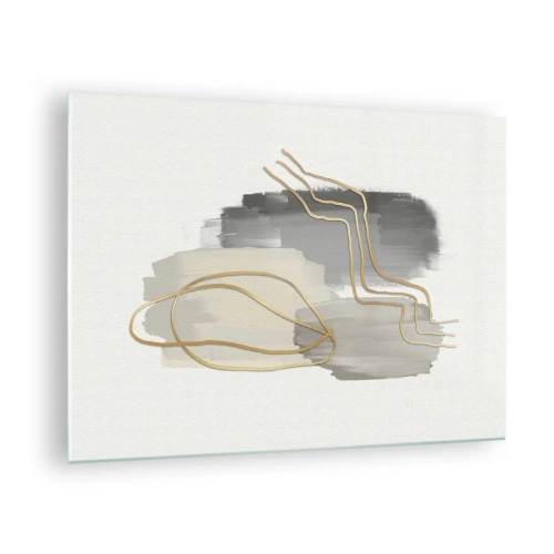 Tablou pe sticlă - Abstracție cu pete gri și linii aurii pe un fundal deschis - 70x50cm - Persistență și mișcare - Decorațiune modernă pentru perete pentru living și dormitor ARTTOR
