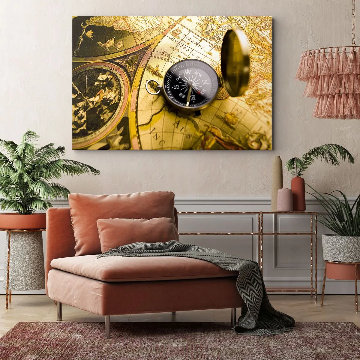 Tablou pe pânză Canvas - O busolă antică pe fundalul unei hărți vechi a lumii - 70x50cm - Sau poate până la capătul lumii? - Decorațiune modernă pentru perete pentru living și dormitor ARTTOR