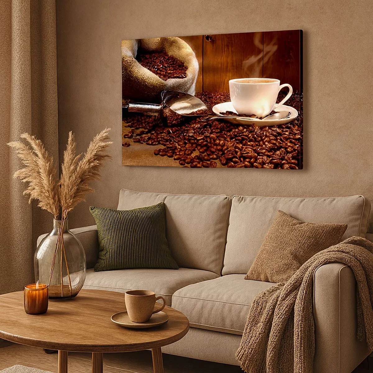 Tablou pe pânză Canvas - O ceașcă de cafea cu boabe de cafea și o pungă de cereale în fundal - 70x50cm - Poți să simți parfumul? - Decorațiune modernă pentru perete pentru living și dormitor ARTTOR