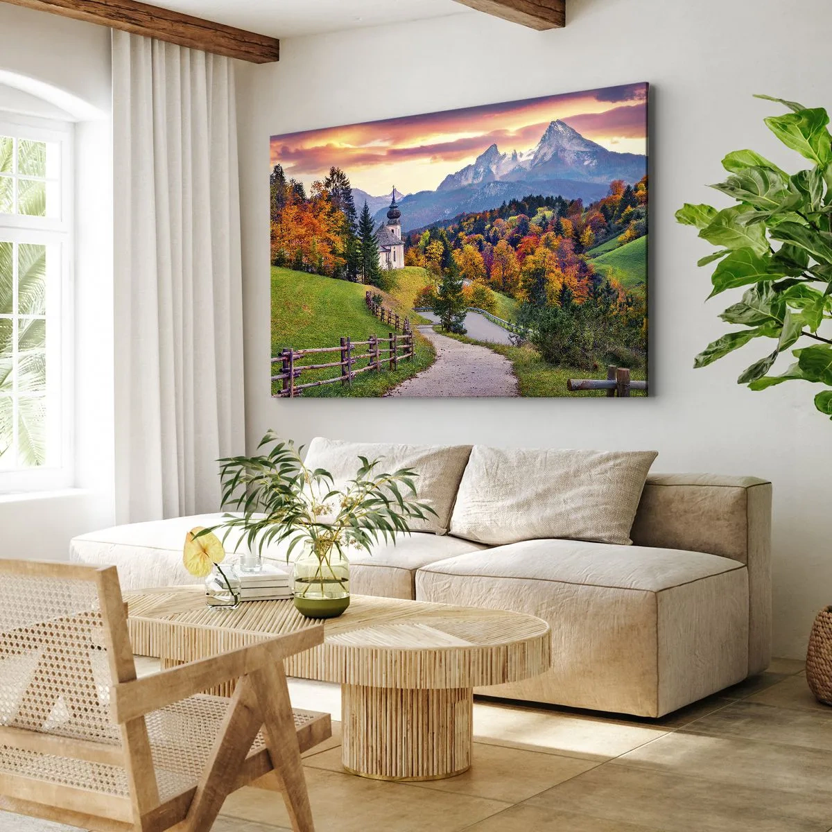 Tablou pe pânză Canvas - Peisaj montan de toamnă cu o capelă și apus de soare - 70x50cm - Un peisaj ca o pictură - Decorațiune modernă pentru perete pentru living și dormitor ARTTOR