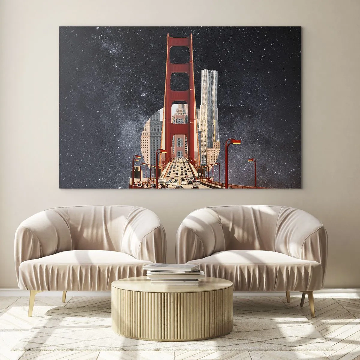 Tablou pe sticlă - Pod și zgârie-nori într-un fundal suprarealist de galaxie - 70x50cm - Întotdeauna în centru - Decorațiune modernă pentru perete pentru living și dormitor ARTTOR