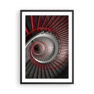 Poster în ramă neagră - Scară spiralată în alb și negru cu balustrade roșii - 50x70cm - Jocuri arhitecturale - Decorațiune modernă pentru perete pentru living și dormitor ARTTOR