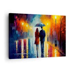 Tablou pe pânză Canvas - Un cuplu sub o umbrelă plimbându-se printr-un oraș colorat de noapte - 70x50cm - Împreună - o noapte plină de culoare - Decorațiune modernă pentru perete pentru living și dormitor ARTTOR