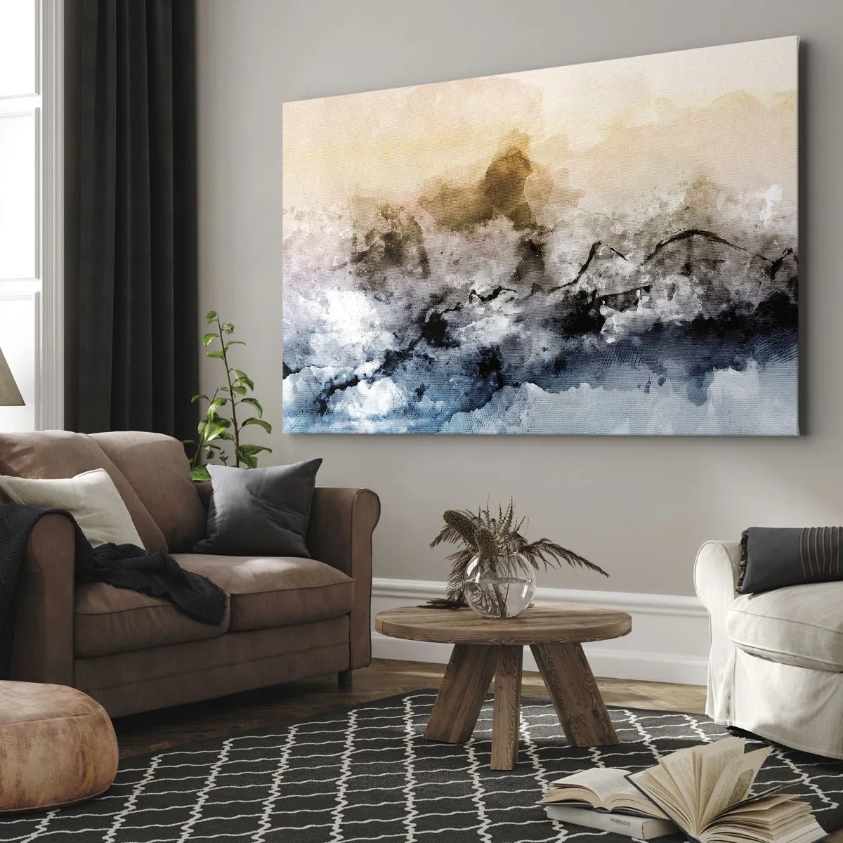 Tablou pe pânză Canvas - Peisaj abstract cu ceață și culori subtile - 70x50cm - Scufundate într-un vârtej de ceață - Decorațiune modernă pentru perete pentru living și dormitor ARTTOR