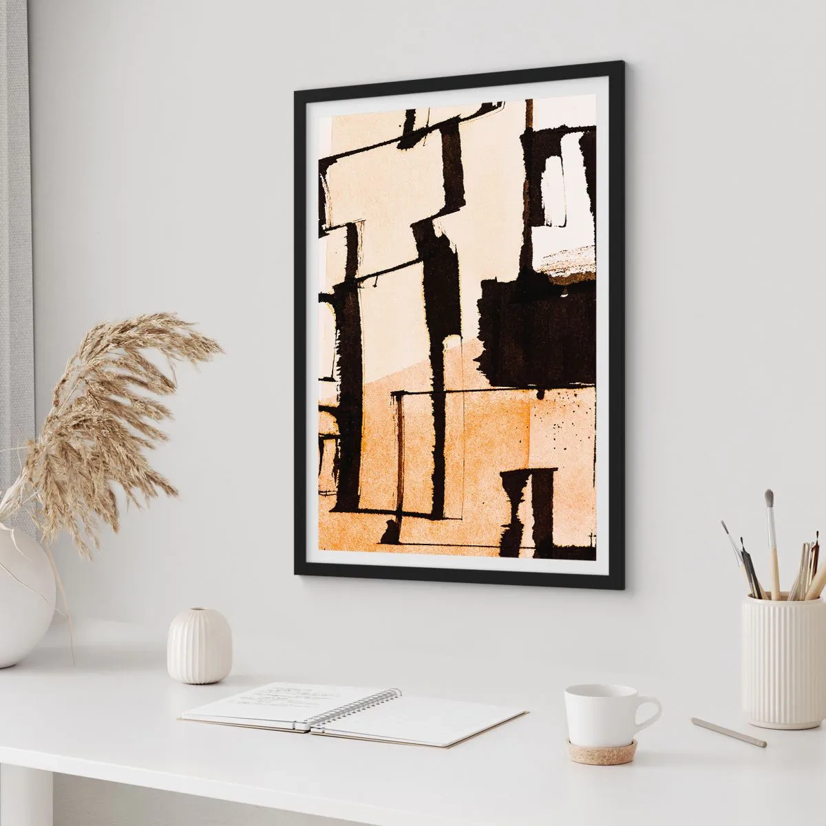 Poster în ramă neagră - O compoziție abstractă de forme geometrice în nuanțe de bej și negru. - 50x70cm - Cu toate acestea, ordinea - Decorațiune modernă pentru perete pentru living și dormitor ARTTOR