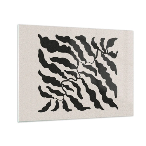 Tablou pe sticlă - Operă botanică cu frunze negre organice - 70x50cm - Natura pătratului - Decorațiune modernă pentru perete pentru living și dormitor ARTTOR