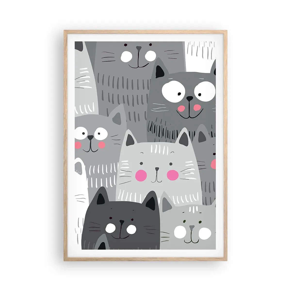 Poster în ramă de stejar deschis - Lumea felină - 70x100 cm