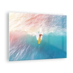 Tablou pe sticlă - Surfer călare pe un val în oceanul turcoaz - 70x50cm - Călărețul oceanului - Decorațiune modernă pentru perete pentru living și dormitor ARTTOR