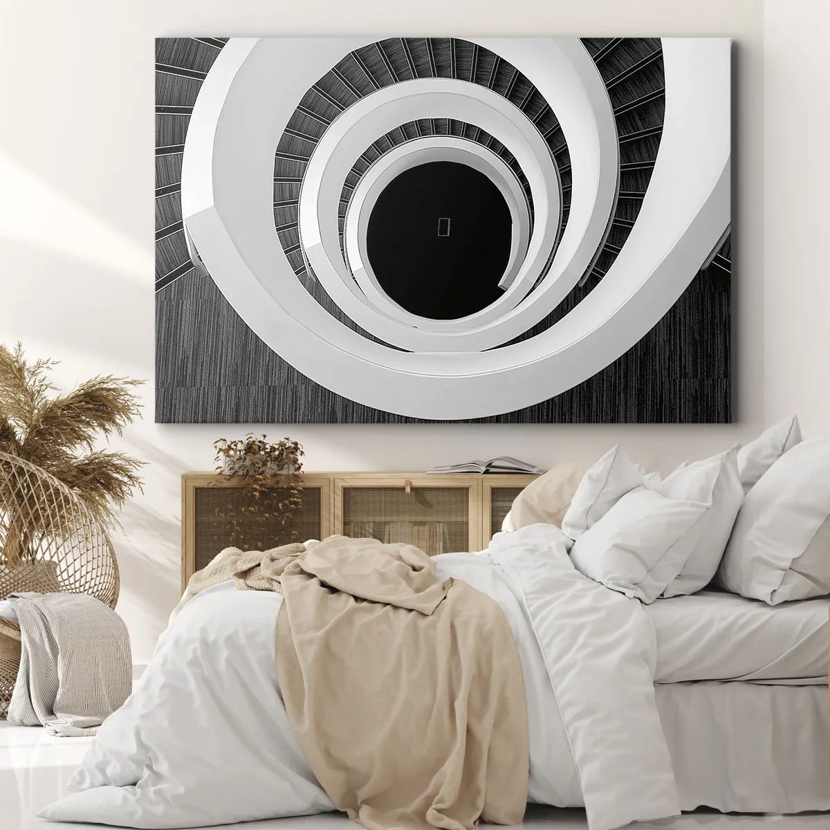 Tablou pe pânză Canvas - Scară în spirală alb-negru în stil modern - 70x50cm - Până la miez - Decorațiune modernă pentru perete pentru living și dormitor ARTTOR