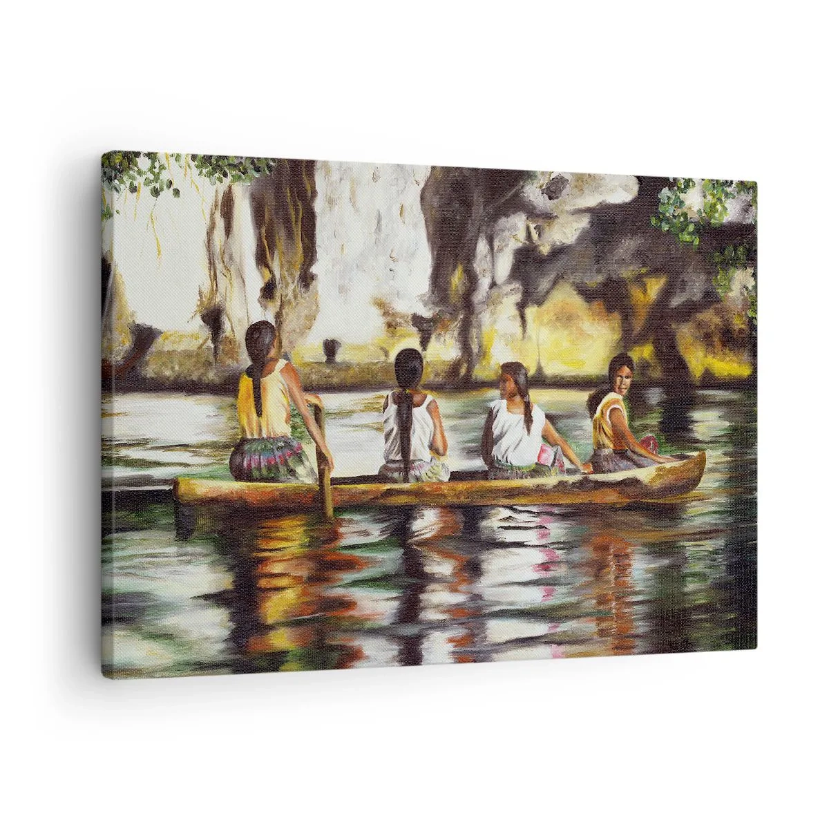 Tablou pe pânză Canvas - Femei într-o barcă pe un râu calm, cu un fundal pitoresc - 70x50cm - Într-un paradis polinezian - Decorațiune modernă pentru perete pentru living și dormitor ARTTOR