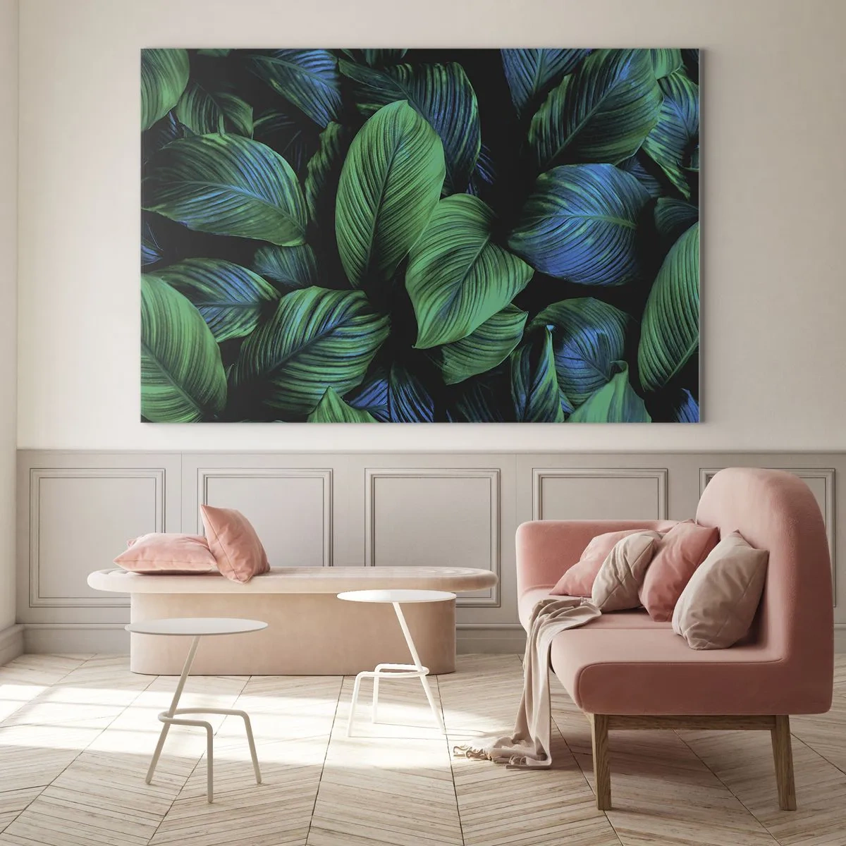 Tablou pe sticlă - Prim-plan al frunzelor în nuanțe intense de verde - 70x50cm - Traficul verde - Decorațiune modernă pentru perete pentru living și dormitor ARTTOR